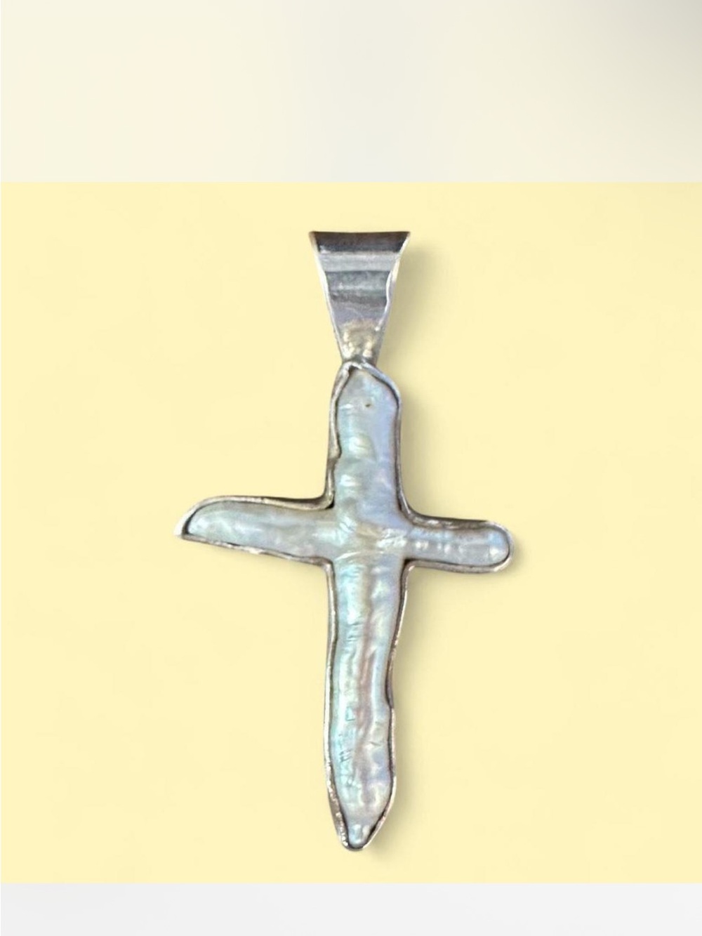 Sterling Silver Cross Pendant with White Iridescent Inlay